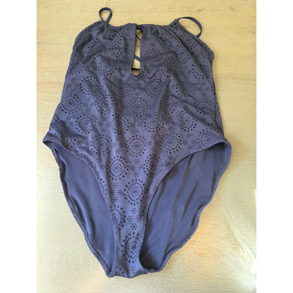 Aerie Navy Perforated Eyelet One Piece Swimsuit XXL High Neck Open Back Tassels